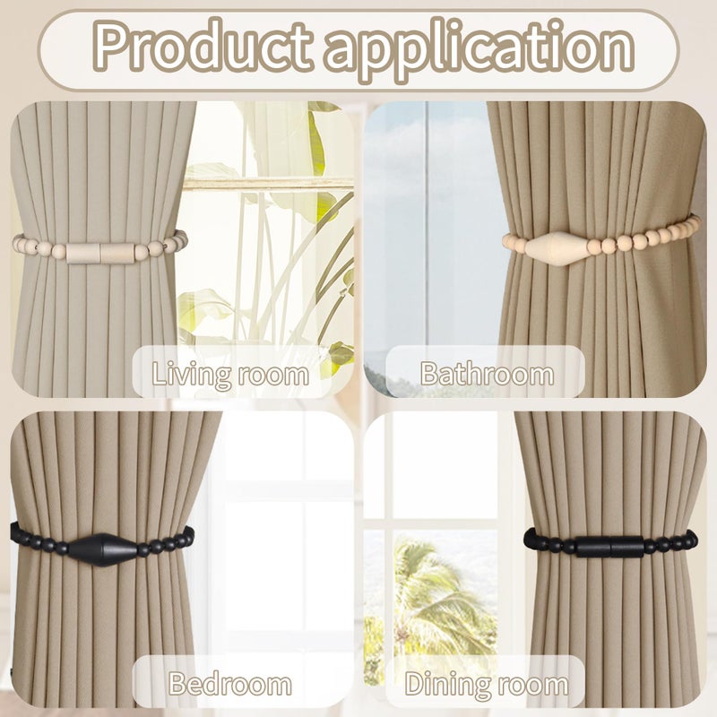 Meplait 2 Pack Magnetic Curtain Tiebacks, Wooden Bead Curtain Holdbacks Adjustable Decorative Tie Backs for Living Room, Bedroom, Nursery Decor (2, Black) - Image 4