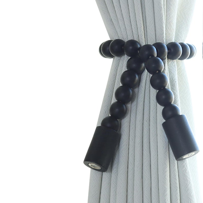 Meplait 2 Pack Magnetic Curtain Tiebacks, Wooden Bead Curtain Holdbacks Adjustable Decorative Tie Backs for Living Room, Bedroom, Nursery Decor (2, Black) - Image 1
