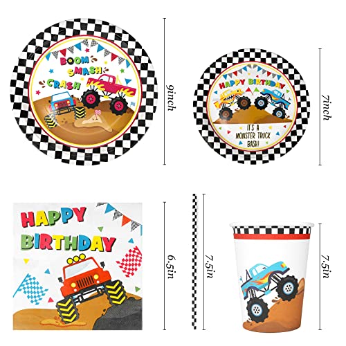 Recheel Monster Truck Party Supplies Decorations, Kids Birthday Paper Plates and Napkins Set with Cups and Straws for 24 Guests, 120 Pcs Disposable Party Dessert Dinnerwares - Image 2