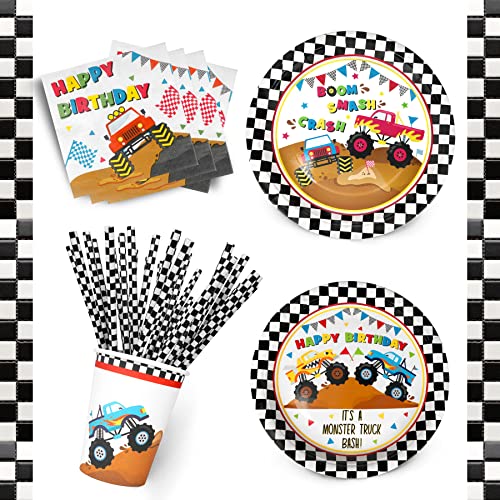Recheel Monster Truck Party Supplies Decorations, Kids Birthday Paper Plates and Napkins Set with Cups and Straws for 24 Guests, 120 Pcs Disposable Party Dessert Dinnerwares - Image 3