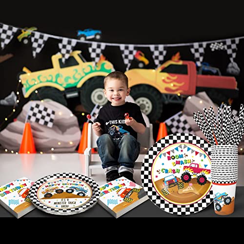 Recheel Monster Truck Party Supplies Decorations, Kids Birthday Paper Plates and Napkins Set with Cups and Straws for 24 Guests, 120 Pcs Disposable Party Dessert Dinnerwares - Image 4