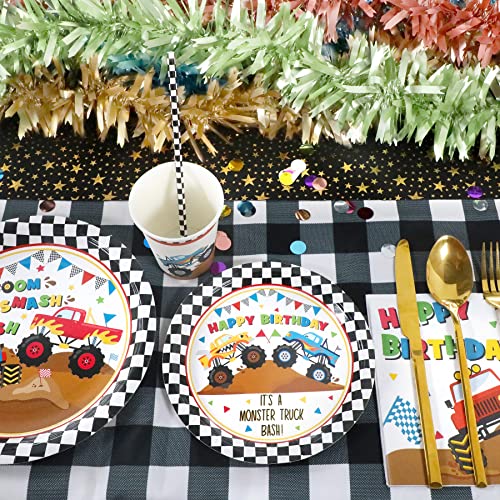 Recheel Monster Truck Party Supplies Decorations, Kids Birthday Paper Plates and Napkins Set with Cups and Straws for 24 Guests, 120 Pcs Disposable Party Dessert Dinnerwares - Image 5
