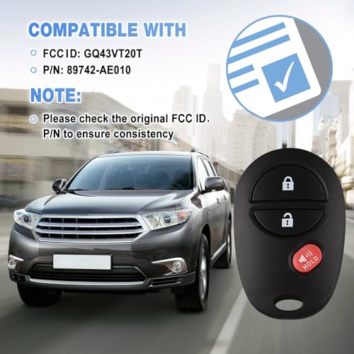Kaboll Key Fob Keyless Entry Remote Replacement for Toyota Tacoma Tundra Sienna Sequoia Highlander - 3 Buttons Car Key Fob FCC: GQ43VT20T (Set of 2) - Image 2
