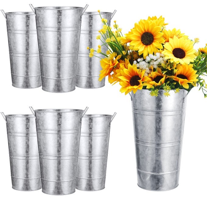 6 PCS 12 INCH GALVANIZED METAL VASE FRENCH FLOWER BUCKET FOR CUT FLOWERS METAL FLOWER BUCKET DECORATION HOME FARMHOUSE VASE TABLE DECORATION FOR WEDDING PARTYSILVER