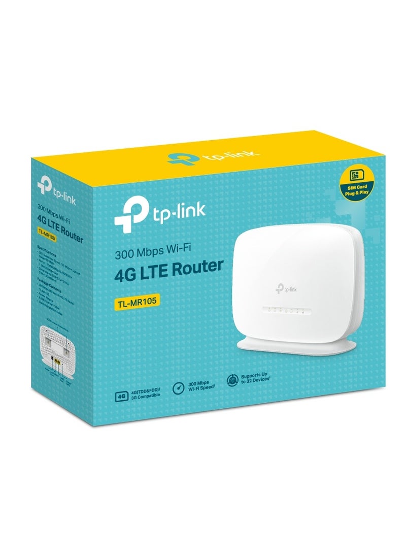 تي بي لينك TL-MR105 جهاز توجيه لاسلكي N 4G LTE بسرعة 300 ميجابت في الثانية، 2.4 جيجاهرتز، دعم FDD/TDD-LTE، فتحة Nano SIM، اتصال 32 جهاز، توصيل وتشغيل، 2 هوائي داخلي 4G/3G وواي فاي، 1 منفذ LAN/WAN، WPS، أمان WPA/WPA2، شبكة ضيف، DNS ديناميكي، دعم IPv4/IPv6، سرعة تنزيل تصل إلى 150 ميجابت في الثانية، TL-MR105 - Image 2