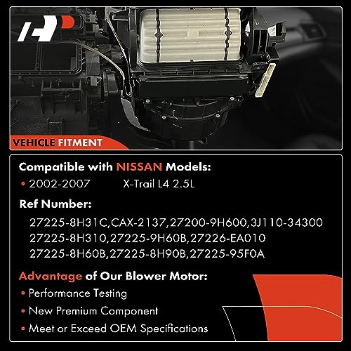 A-Premium مجموعة محرك مروحة سخان A-Premium متوافقة مع مركبات نيسان - X-Trail 2002 2003 2004 2005 2006 2007، L4 2.5L، رياضية - الجانب الأمامي، استبدال# 27225-8H31C، 27200-9H600 - Image 3