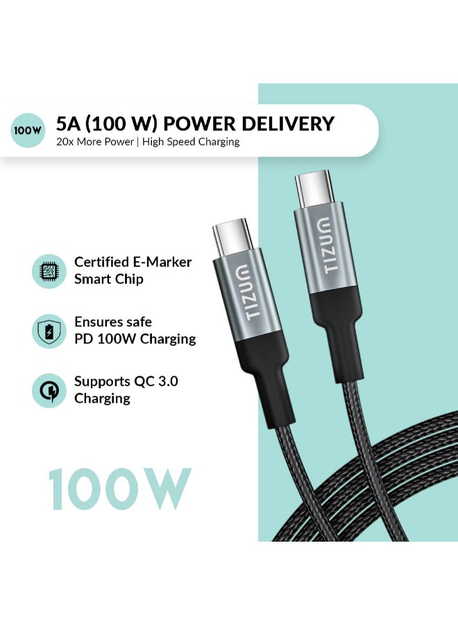 Tizum Renewed - USB Type C to Type C 5A (100W) Braided Sync & Fast Charging Cable for Mobile, Laptop, Macbook & other devices|Supports PD & QC 3.0 Charge|480mbps Data Transfer Speed|3.9 Feet (1.2M), Black - Image 2