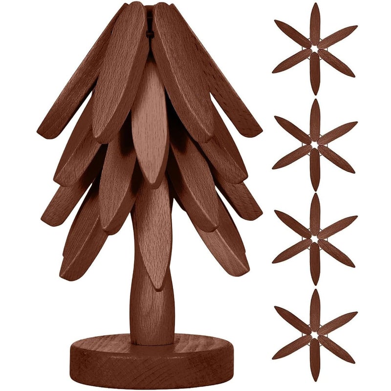 Wooden Cup Coaster SetTree Shape Trivet SetTree Coasters 4 Wooden Trivets 1 Stand stored for hot DishPotBowlteapothot Pot Set Brown