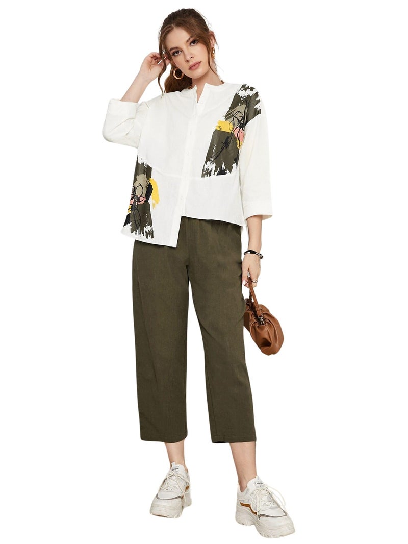 TOPLOT Women's Co-ord Set | Button-up, Loose-fit top with Artistic Abstract Prints| Relaxed Loose Fit Design | Stylish Matching Set with Easy Movement | Casual, Outings (5234_XL_Olive) - Image 1