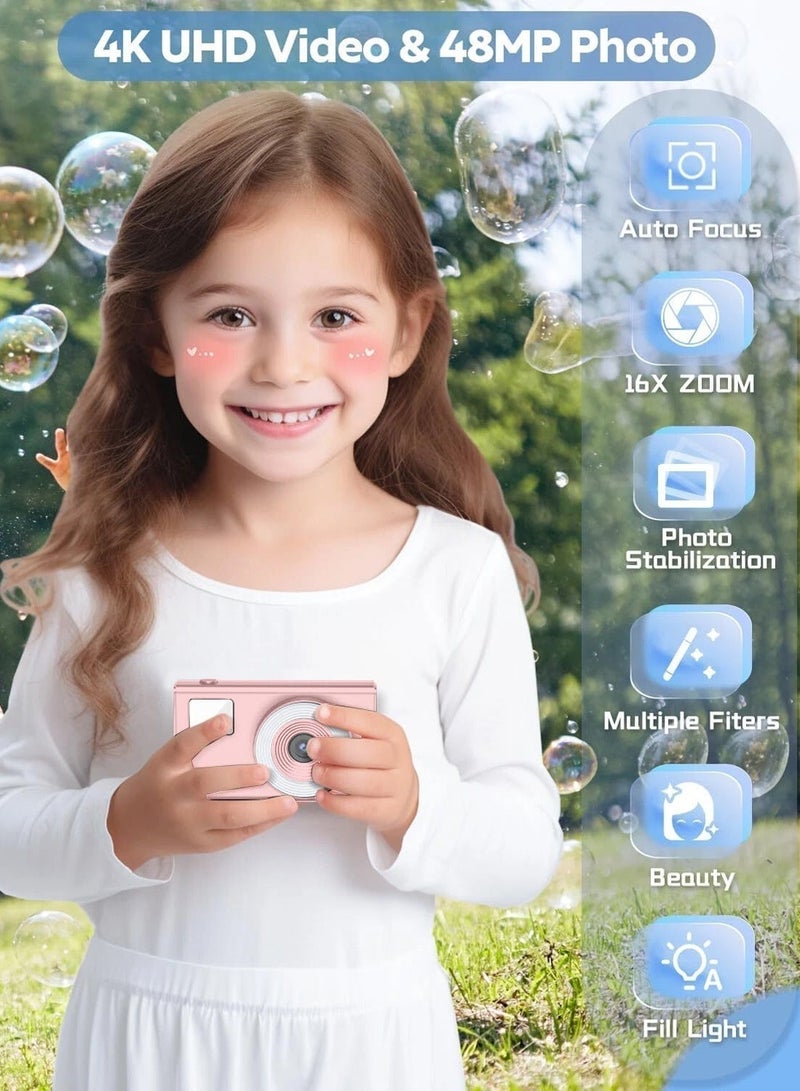 Kids Digital Camera, 48MP 4K UHD Retro Vintage Camera with Fill Light, 16X Zoom Anti-Shake, 2.8" LCD Screen, Rechargeable with 32GB SD Card, Best Gift for Children Boys Girls Age 5-15 - Image 2