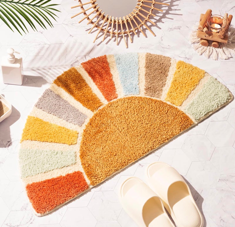 DyeFury Sunrise Boho Bathroom RugsHalf Circle Bath Mat CuteSun Bath MatsRetro Bohemian Home Bathroom DecorSmall Colorful Fun Semi Round Shower Rug NonSlipFunny Washable Rug Bedroom 31x16