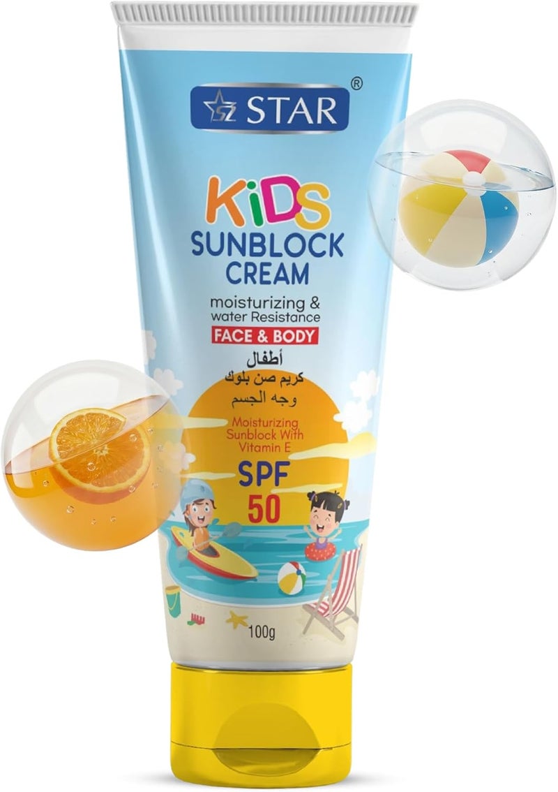 سز ستار كريم واقي من الشمس للأطفال، SPF 50 - (الأكثر أمانًا للأطفال) كريم واقي من الشمس للوجه والجسم خفيف الاستخدام، يحتوي على أكسيد الزنك وثاني أكسيد التيتانيوم وفيتامين E - كريم واقي من الشمس مرطب وغير لزج ومقاوم للماء، مناسب للأطفال (100 جرام) - Image 1