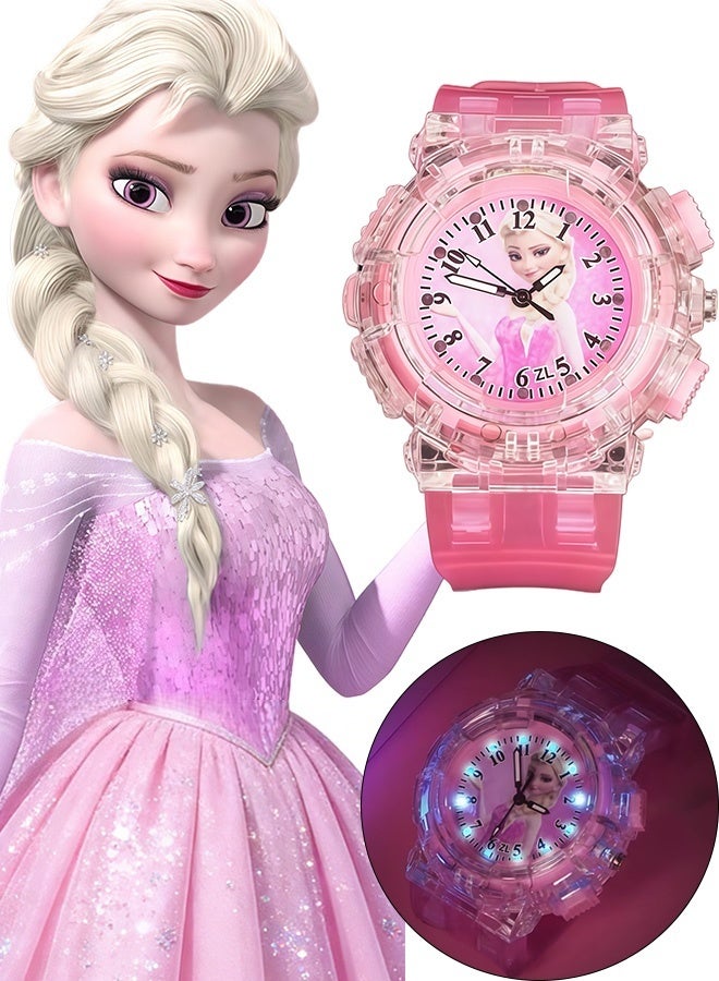 Frozen Elsa Cartoon Analog Quartz Watch for Kids Ages 5 to 12 Colorful Luminous Adjustable Wristwatch for Girls Casual Wear Party Favors Holiday Birthday Gifts Daily Play School Use，Pink - Image 1