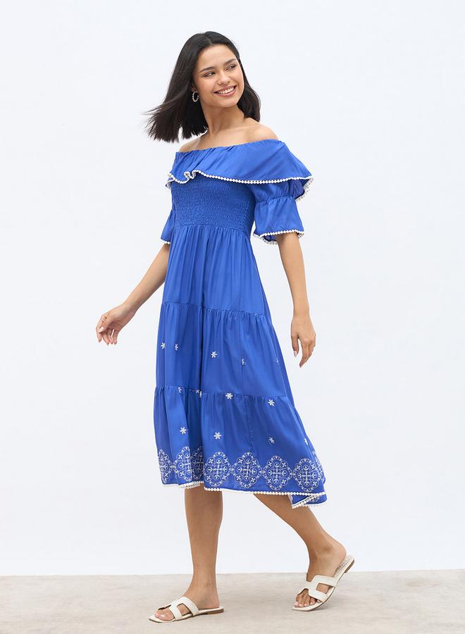 Styli Women Blue Embroidered Off-Shoulder A-Line Midi Dress with Smocking - Image 3