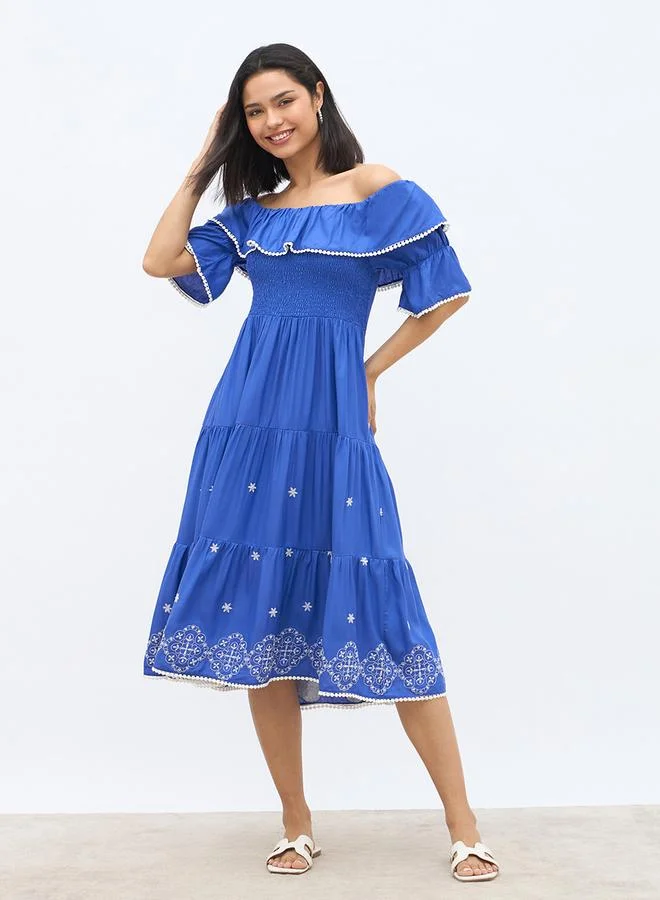 Styli Styli Women Blue Embroidered Off-Shoulder A-Line Midi Dress with Smocking