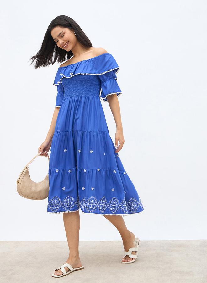 Styli Women Blue Embroidered Off-Shoulder A-Line Midi Dress with Smocking - Image 1
