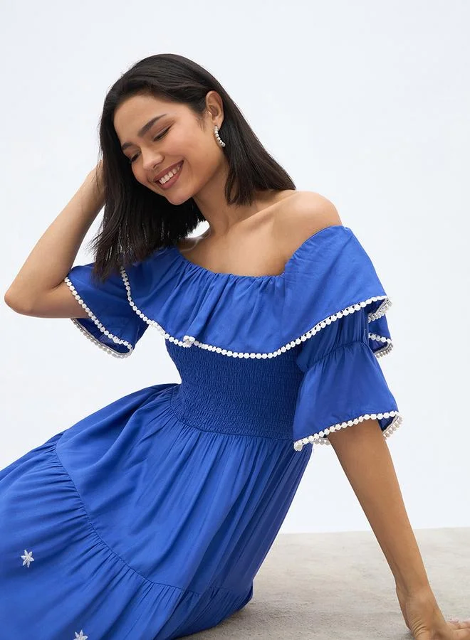 Styli Styli Women Blue Embroidered Off-Shoulder A-Line Midi Dress with Smocking