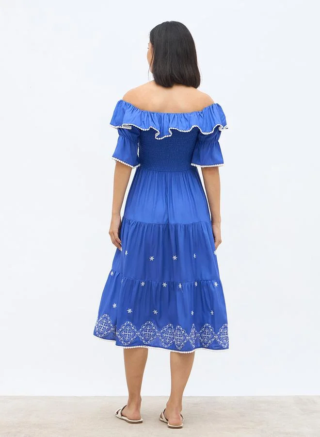 Styli Styli Women Blue Embroidered Off-Shoulder A-Line Midi Dress with Smocking