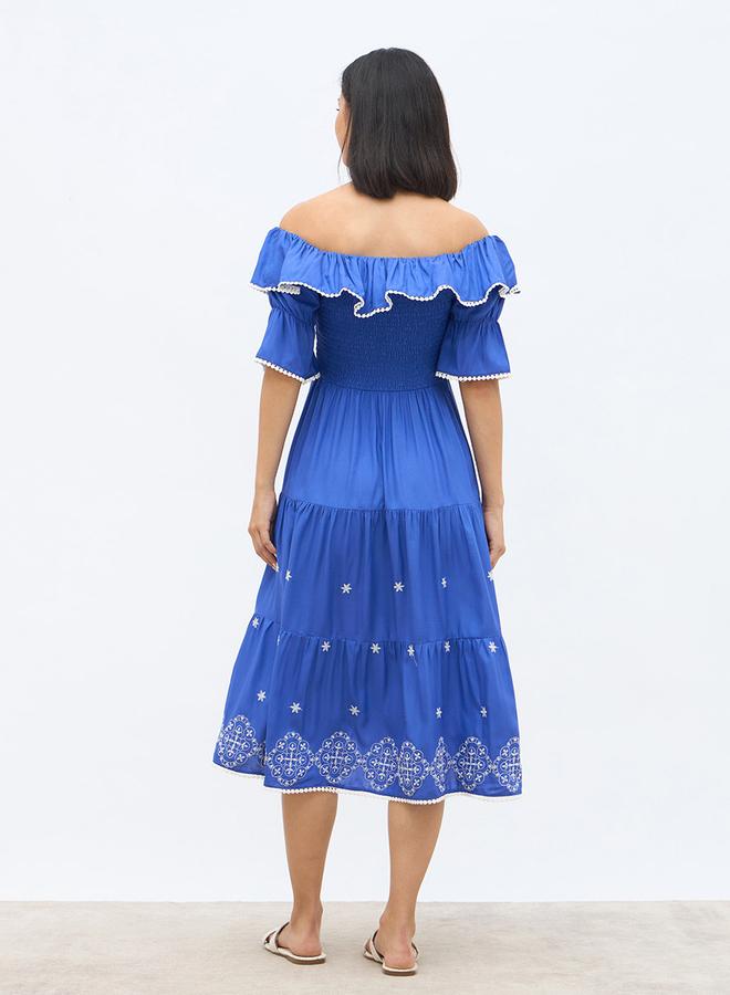 Styli Women Blue Embroidered Off-Shoulder A-Line Midi Dress with Smocking - Image 5
