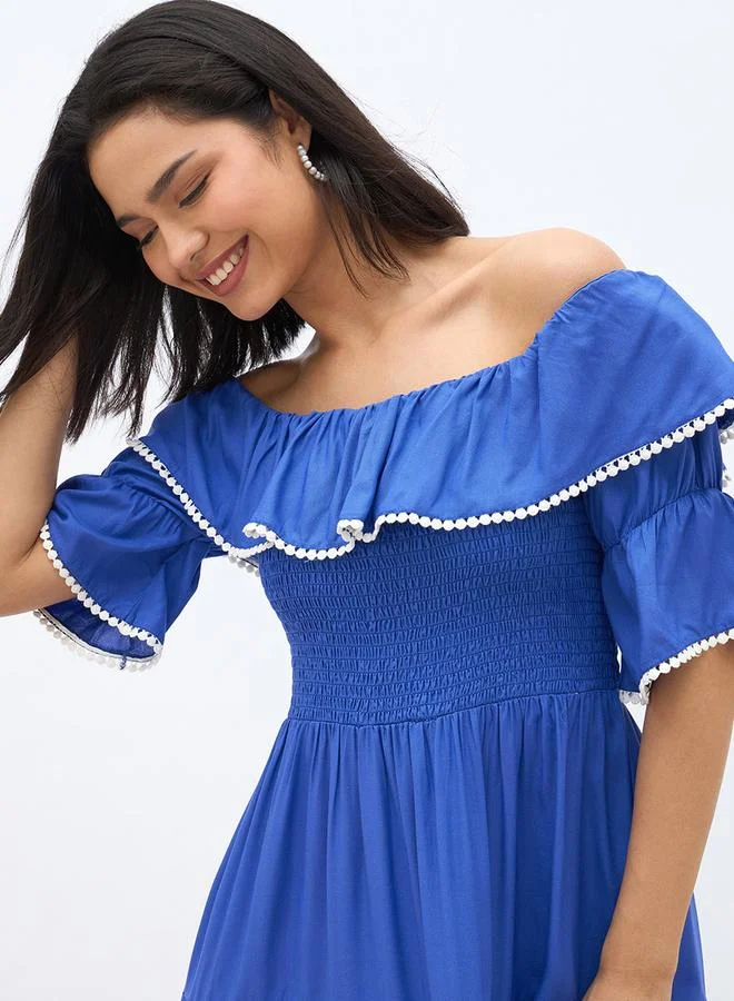 Styli Styli Women Blue Embroidered Off-Shoulder A-Line Midi Dress with Smocking
