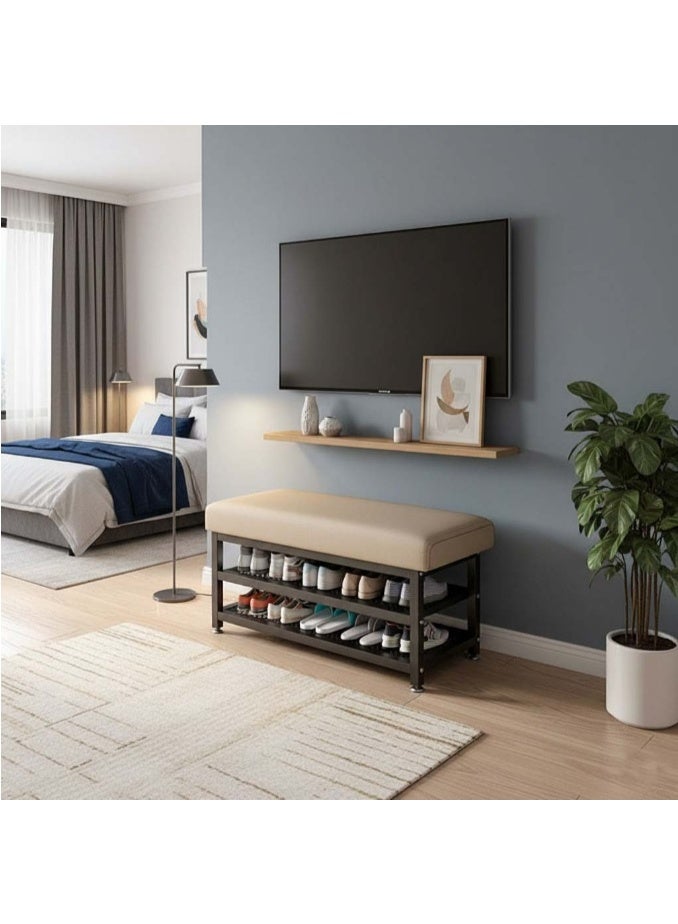 HOME TASTE 𝗛𝗢𝗠𝗘 𝗧𝗔𝗦𝗧𝗘 Heavy Duty Shoe Bench Rack with Padded Cushion Seat, 2-Tier Metal Shoe Storage Organizer, Modern Entryway Shoe Shelf with Comfortable Leather Seat for Home, Office, Apartment & Hotel - Image 1