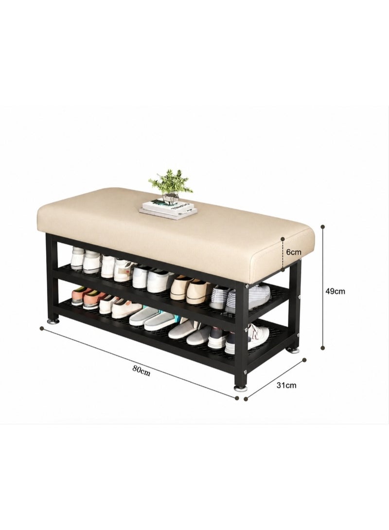 HOME TASTE 𝗛𝗢𝗠𝗘 𝗧𝗔𝗦𝗧𝗘 Heavy Duty Shoe Bench Rack with Padded Cushion Seat, 2-Tier Metal Shoe Storage Organizer, Modern Entryway Shoe Shelf with Comfortable Leather Seat for Home, Office, Apartment & Hotel - Image 2