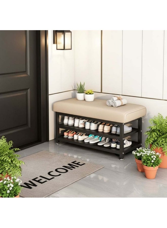 HOME TASTE 𝗛𝗢𝗠𝗘 𝗧𝗔𝗦𝗧𝗘 Heavy Duty Shoe Bench Rack with Padded Cushion Seat, 2-Tier Metal Shoe Storage Organizer, Modern Entryway Shoe Shelf with Comfortable Leather Seat for Home, Office, Apartment & Hotel - Image 3