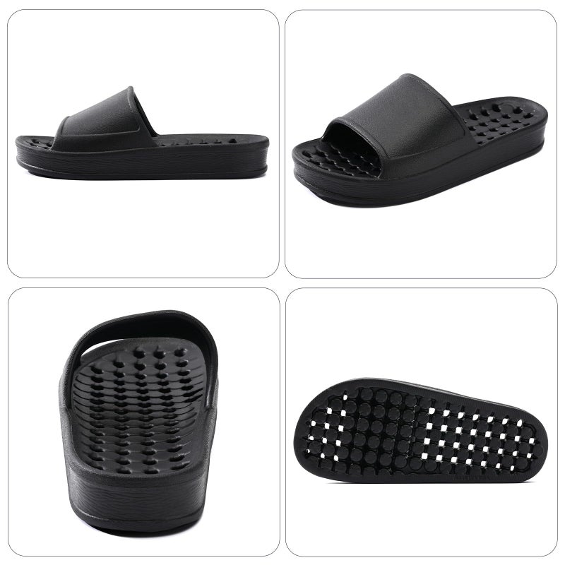 GETOEU Shower Shoes for Women and Men with Drain Holes Massage Slide Sandals Soft Cushioned Anti-Slip Pool Slides Comfort Thick Soled Gym Shower Shoes Quick Drying Bathroom Spa Slippers,Black - Image 2