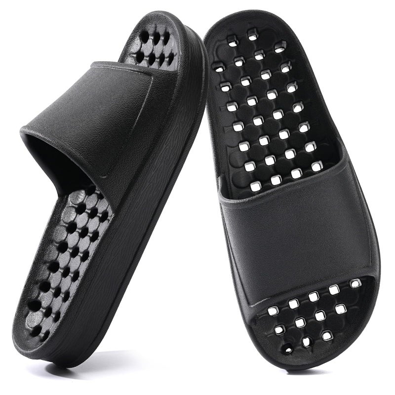 GETOEU Shower Shoes for Women and Men with Drain Holes Massage Slide Sandals Soft Cushioned Anti-Slip Pool Slides Comfort Thick Soled Gym Shower Shoes Quick Drying Bathroom Spa Slippers,Black - Image 1