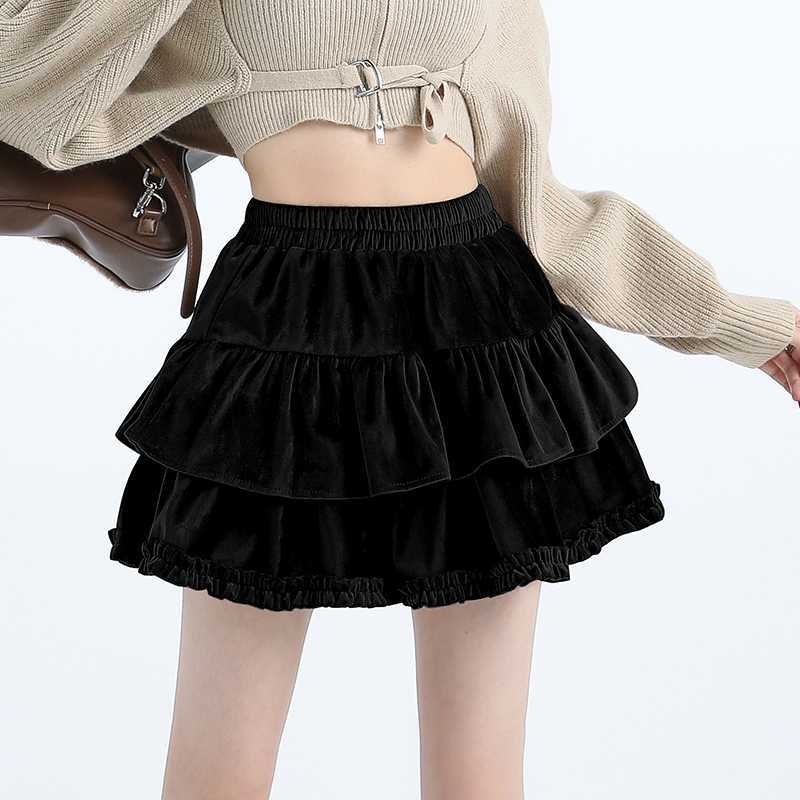 Real Shot Velvet Puff Cake Skirt Womens Autumn and Winter Ballet Style High Waist Slimming Lotus Leaf Frontier A- line Skirt Apricot  - Image 2