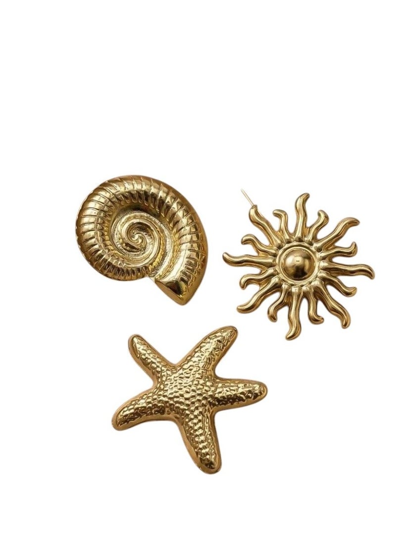 Gold-Tone Brooch Set, Nautical Theme, Seashell, Starfish and Sun Designs, Set of 3 - Image 2