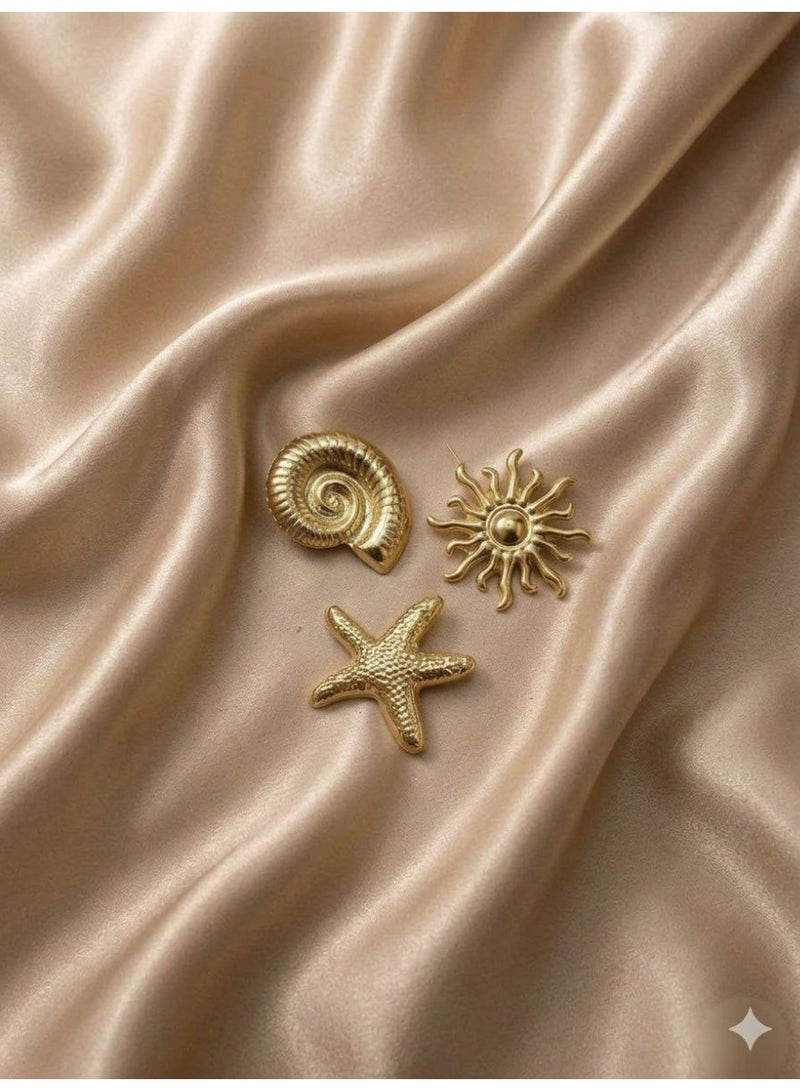 Gold-Tone Brooch Set, Nautical Theme, Seashell, Starfish and Sun Designs, Set of 3 - Image 3