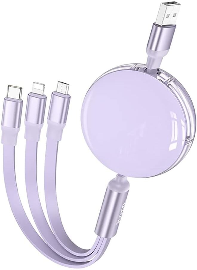 Hoco Hoco X78-3-in-1 Easy Pull Storage Charging Cable (2A - 1M), USB-A To Type-C/Micro-USB/Lightning Plug, Compatbile With iPhone iPad Samsung Huawei Xiaomi Oppo - Purple 