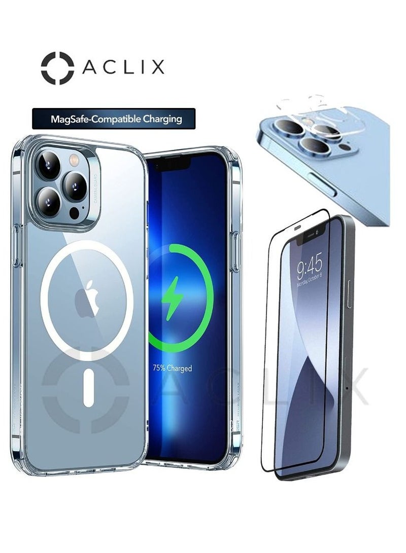 ACLIX 4in1 Shockproof Magsafe-Compatible Charging Case with 3D Tempered Glass Screen Protector & Camera Lens For Iphone 14 Pro Clear