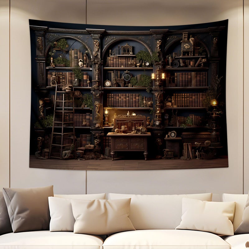 QGHOT Medieval Bookshelf Tapestry, Dark Academia Old Library Tapestries Wall Hanging, Gothic Wall Decor Study Room Student Office Bedroom Living Room Backdrop 80x60 in - Image 1