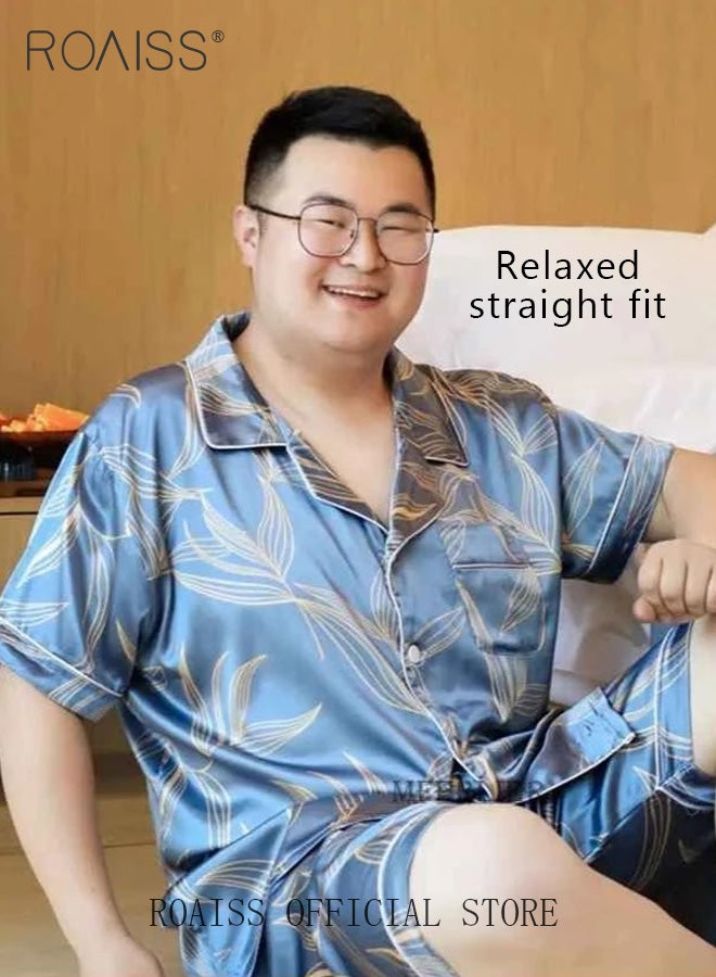 رويس طقم بيجاما رجالي من قطعتين، بأكمام قصيرة وبنطال، مصنوع من الساتان الحريري المطبوع بأوراق الشجر، يتميز بلمعان أنيق، ولطيف على البشرة، مناسب للارتداء المنزلي. قميص نوم رجالي فضفاض، مثالي لفصلي الربيع والصيف. ملابس منزلية خفيفة ومريحة. - Image 3