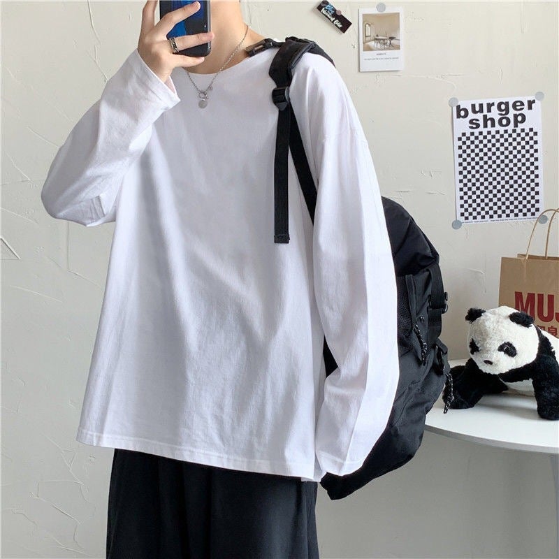 Long-Sleeved T-Shirt Men'S Loose All-Match Hong Kong Style Trendy Pure Color Top Round Neck Fleece-Lined Bottoming Shirt - Image 1