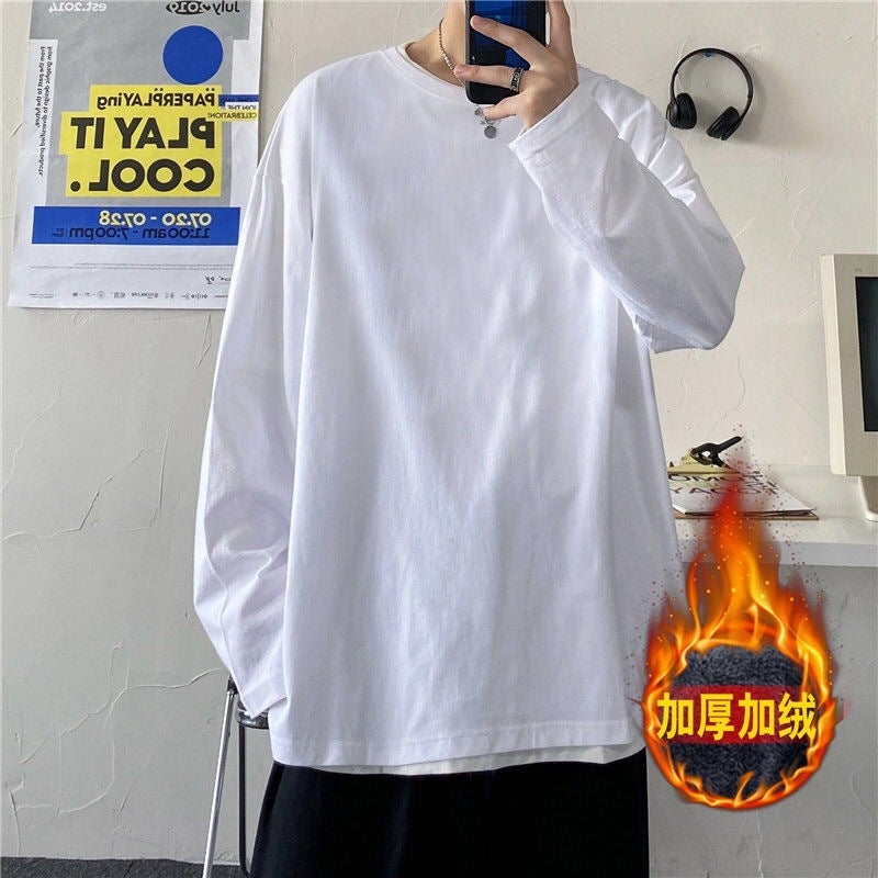 Long-Sleeved T-Shirt Men'S Loose All-Match Hong Kong Style Trendy Pure Color Top Round Neck Fleece-Lined Bottoming Shirt - Image 2