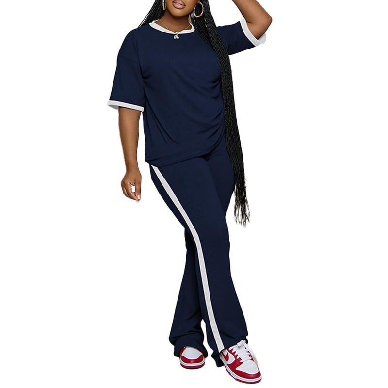 PINSV 2 Piece Sets for Women Summer Casual Short Sleeve Top and Flare Pants Lounge Sets Dark Blue L - Image 1