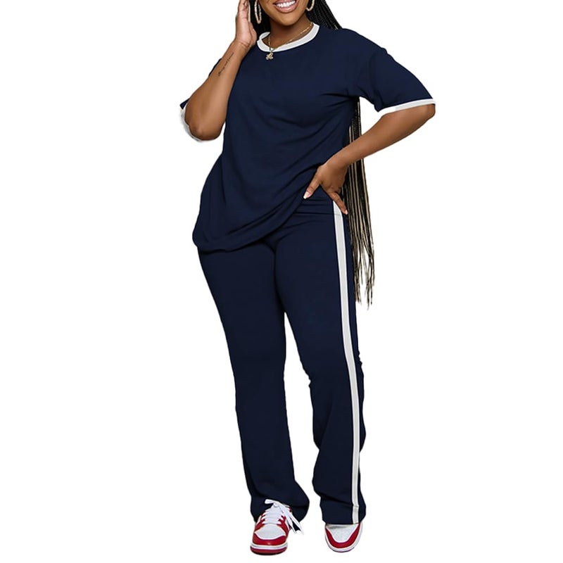 PINSV 2 Piece Sets for Women Summer Casual Short Sleeve Top and Flare Pants Lounge Sets Dark Blue L - Image 5