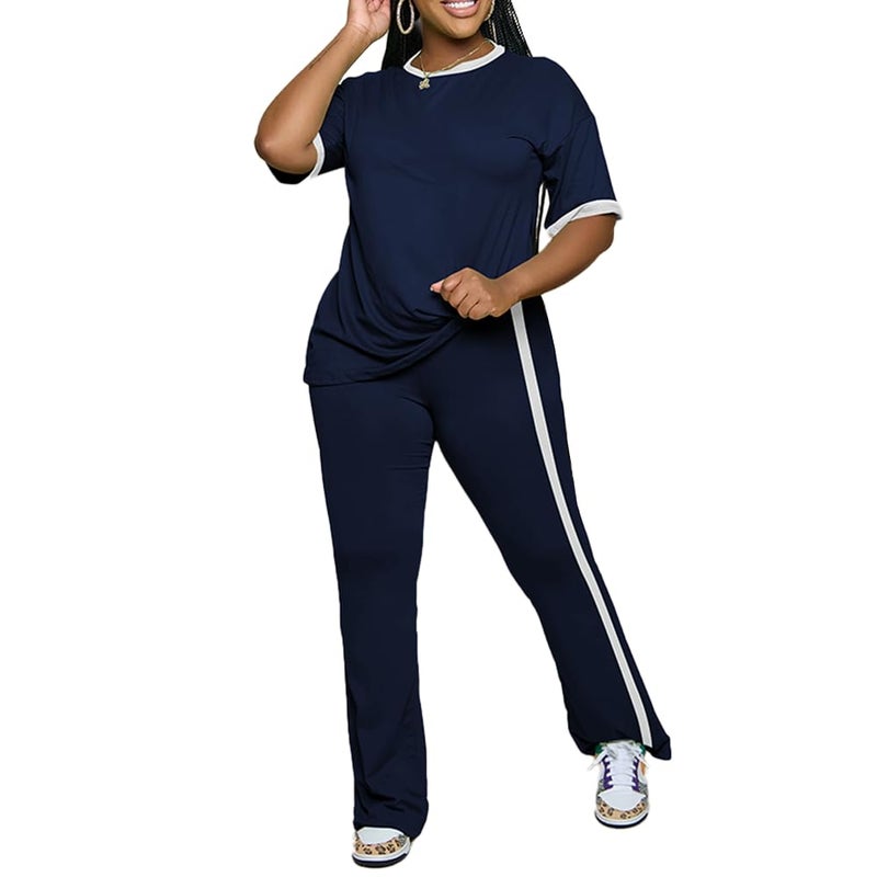 PINSV 2 Piece Sets for Women Summer Casual Short Sleeve Top and Flare Pants Lounge Sets Dark Blue L - Image 2