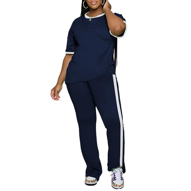 PINSV 2 Piece Sets for Women Summer Casual Short Sleeve Top and Flare Pants Lounge Sets Dark Blue L - Image 3