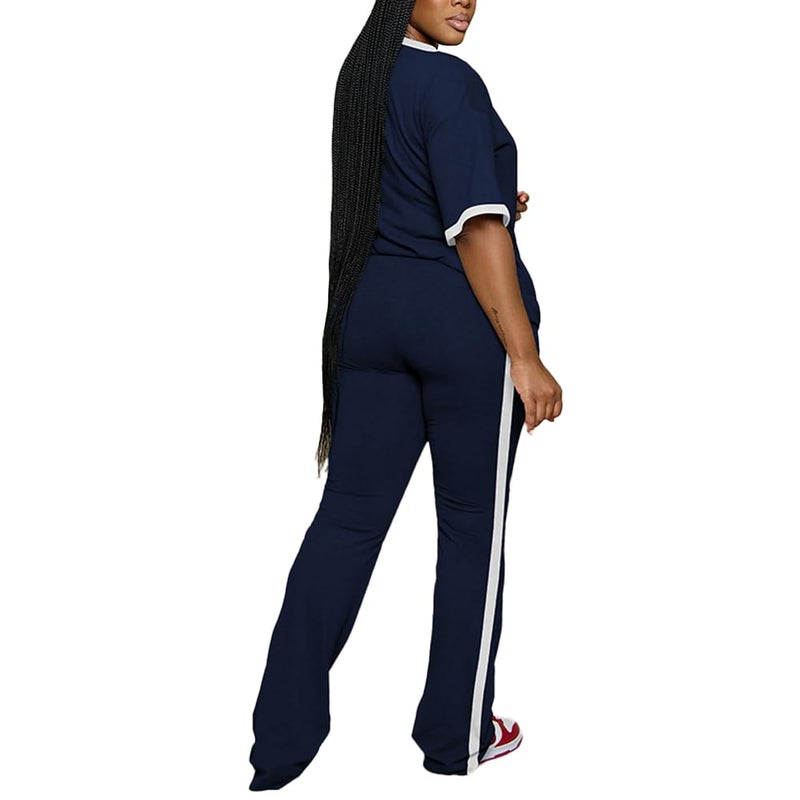 PINSV 2 Piece Sets for Women Summer Casual Short Sleeve Top and Flare Pants Lounge Sets Dark Blue L - Image 4