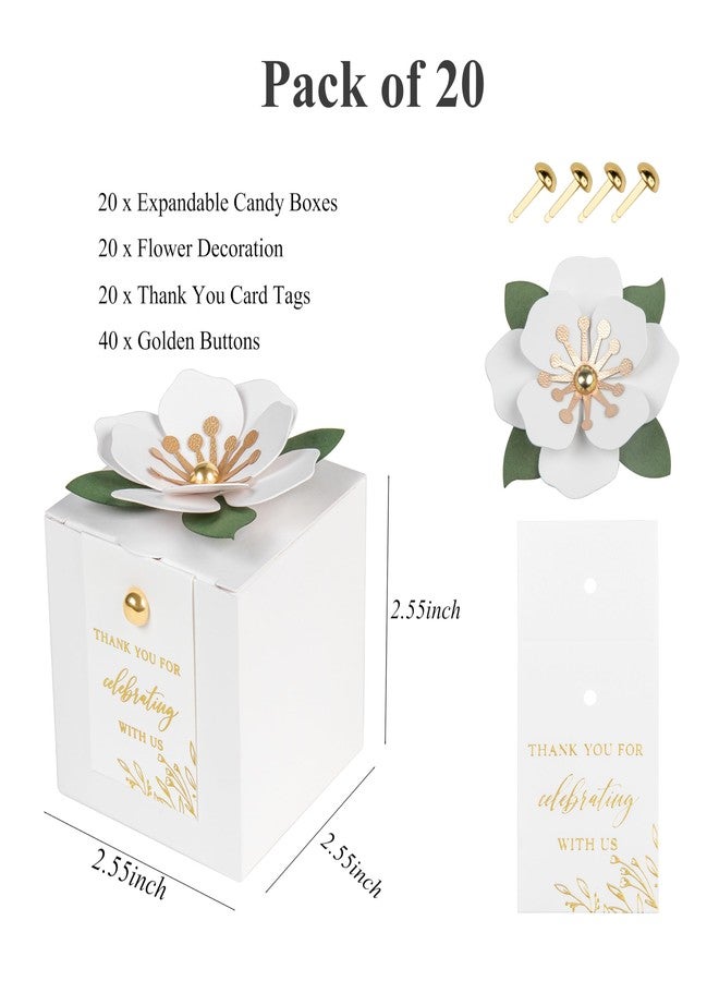 FEIYI 20 PCS Favor Boxes, 3 In 1 Candy Boxes with Floral Decor, White Thank You Tags Gift wrapping for Wedding, Baby Shower, Birthday, Decorations Party (White, 2.55x2.55x2.55) - Image 2