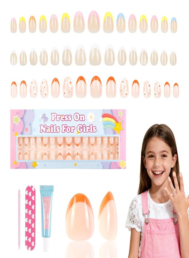 Kawyehu 90 Pieces Press on Nails for Kids, Kawyehu 3 Pack Nails for Kids Colorful Press on Nails for Girls 8-12 Years with Glue, Almond Fake Nail Kit for 9 10 11 12 Year Old, Summer - Image 1