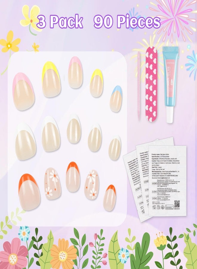 Kawyehu 90 Pieces Press on Nails for Kids, Kawyehu 3 Pack Nails for Kids Colorful Press on Nails for Girls 8-12 Years with Glue, Almond Fake Nail Kit for 9 10 11 12 Year Old, Summer - Image 3