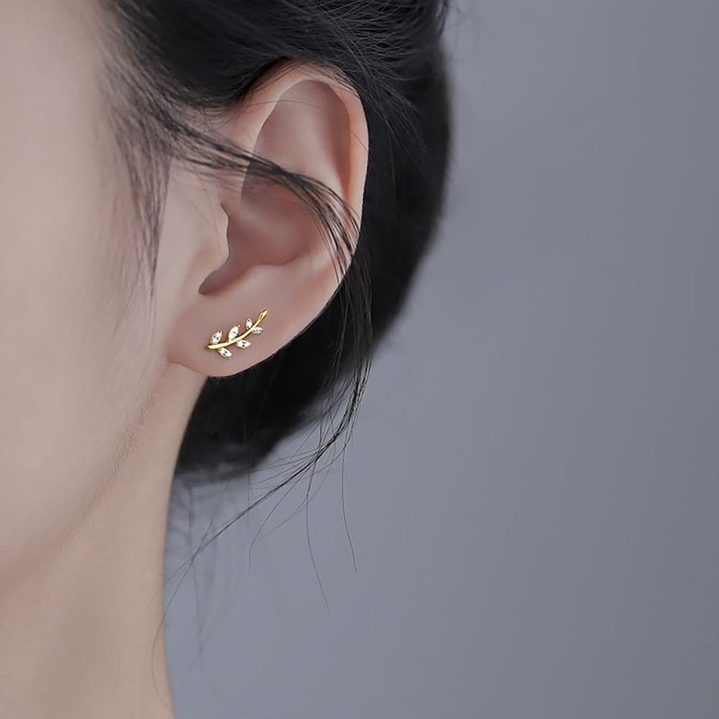 Reffeer Solid 925 Sterling Silver Leaf Crawler Stud Earrings for Women Teen Girls Crystal Leaf Stud Earrings (B-Yellow) - Image 2