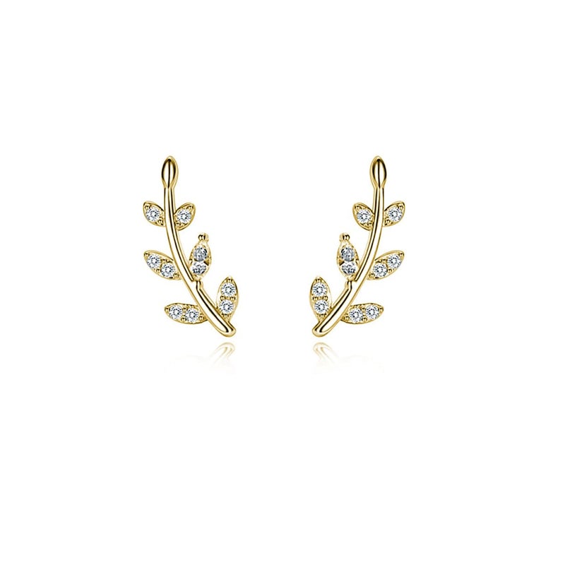 Reffeer Solid 925 Sterling Silver Leaf Crawler Stud Earrings for Women Teen Girls Crystal Leaf Stud Earrings (B-Yellow) - Image 1
