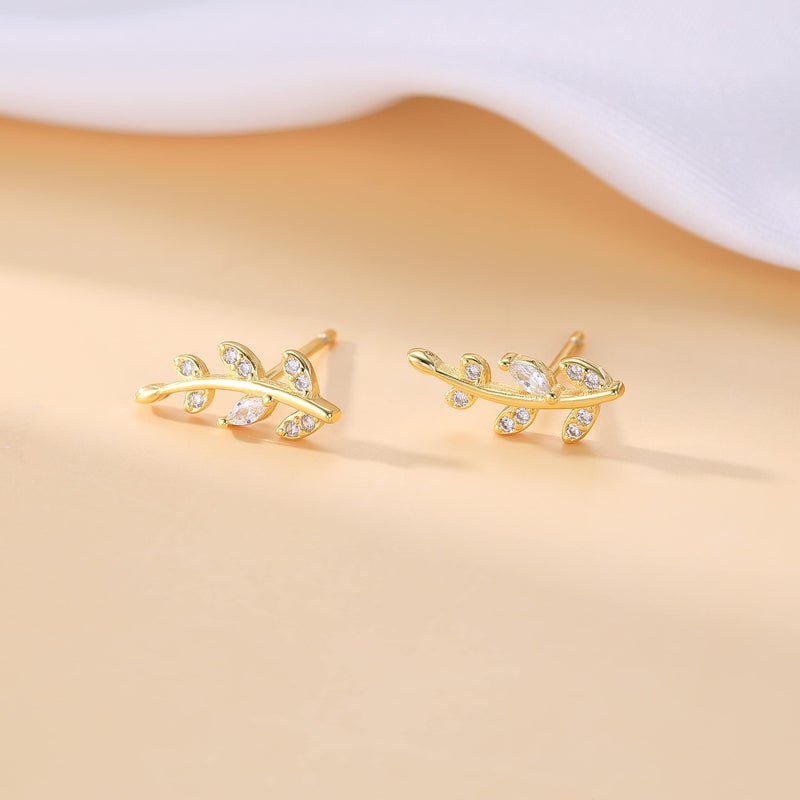 Reffeer Solid 925 Sterling Silver Leaf Crawler Stud Earrings for Women Teen Girls Crystal Leaf Stud Earrings (B-Yellow) - Image 4