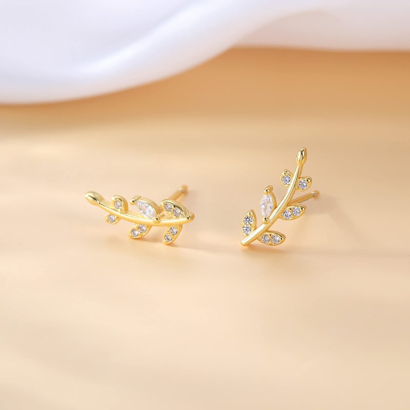 Reffeer Solid 925 Sterling Silver Leaf Crawler Stud Earrings for Women Teen Girls Crystal Leaf Stud Earrings (B-Yellow) - Image 5